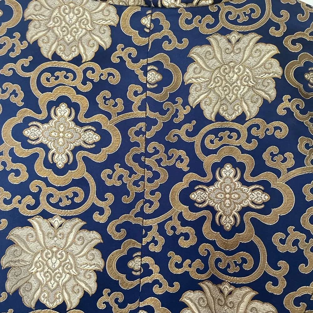 MANDARIN 100% SILK  ROYAL BLUE & GOLD THREAD HAND EMBROIDERED JACKET - Picture 9 of 13